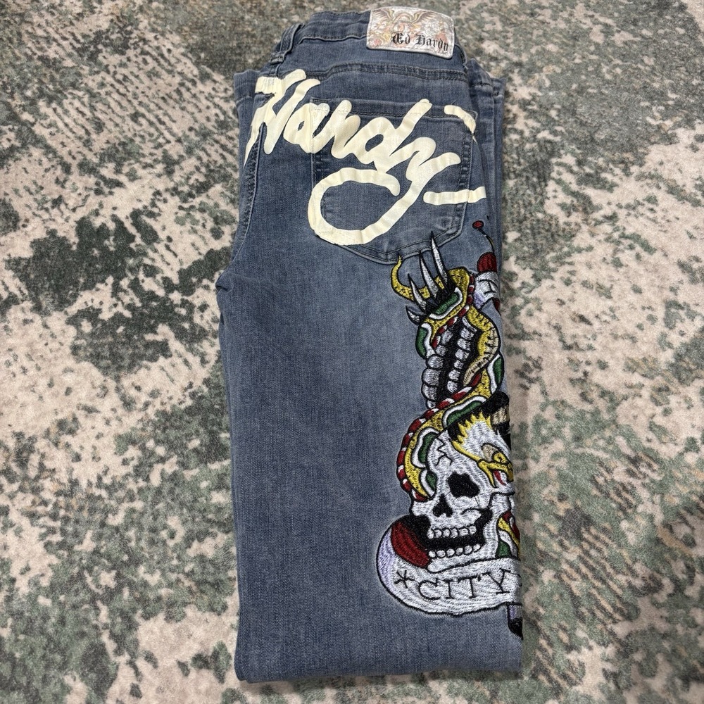 Y2K Ed Hardy Jeans Women's Flare Embroidered New York‎ City Tattoo 24x31